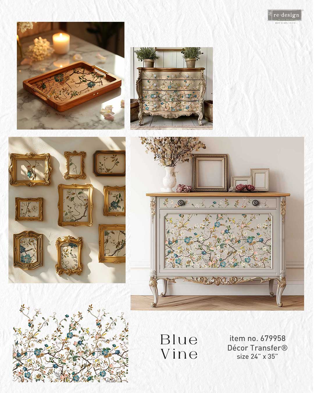 BLUE VINE - Decor Transfers® – total sheet size 24″x35″, cut into 4 sheets