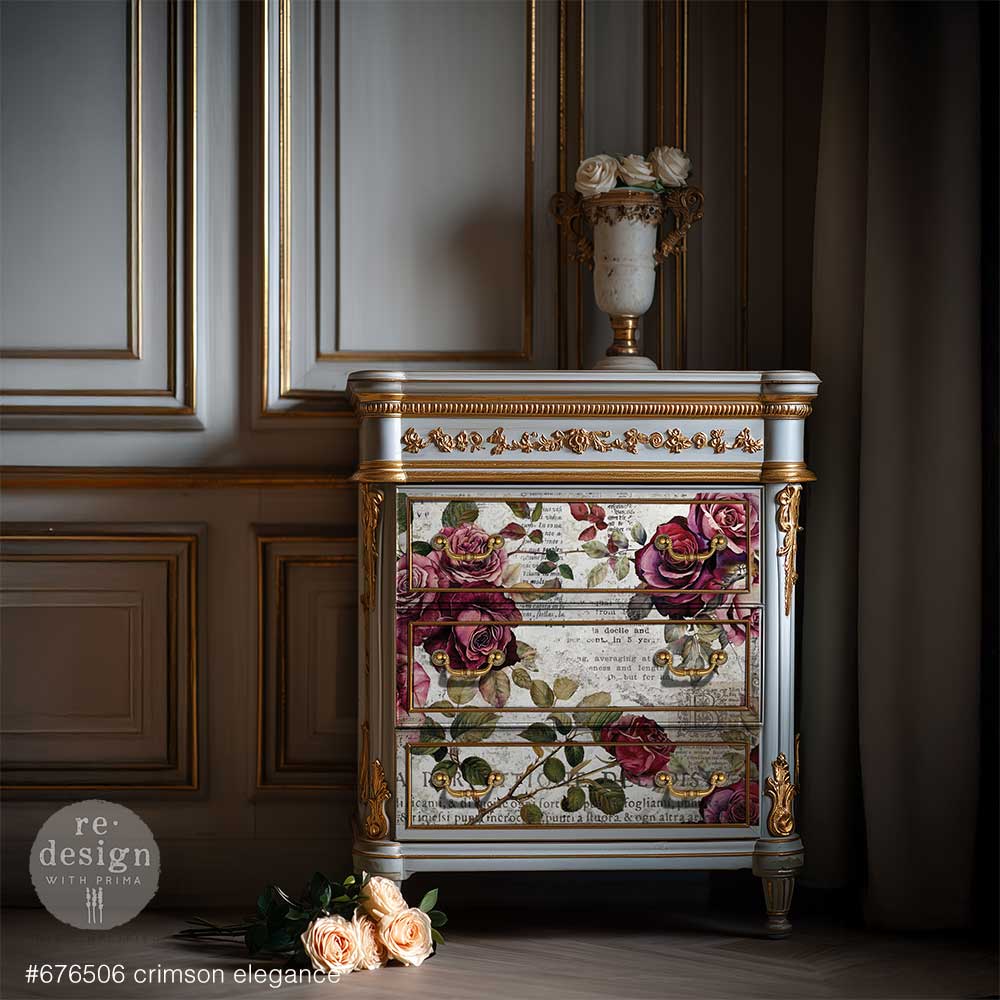 CRIMSON ELEGANCE - DOUBLE DECOUPAGE FIBRE PAPER SET - TOTAL 2 SHEETS – 1 sheet, 19.5″x30″ + 1 sheet, 11.7″x16.5″