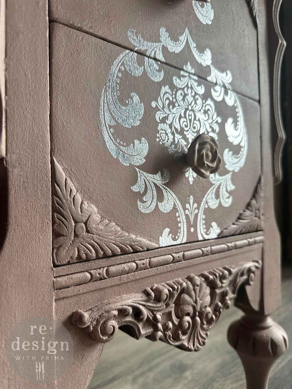 SILVER HOUSE OF DAMASK - REDESIGN DECOR FOIL TRANSFER KACHA - total sheet size 18″x24″, cut into 2 sheets