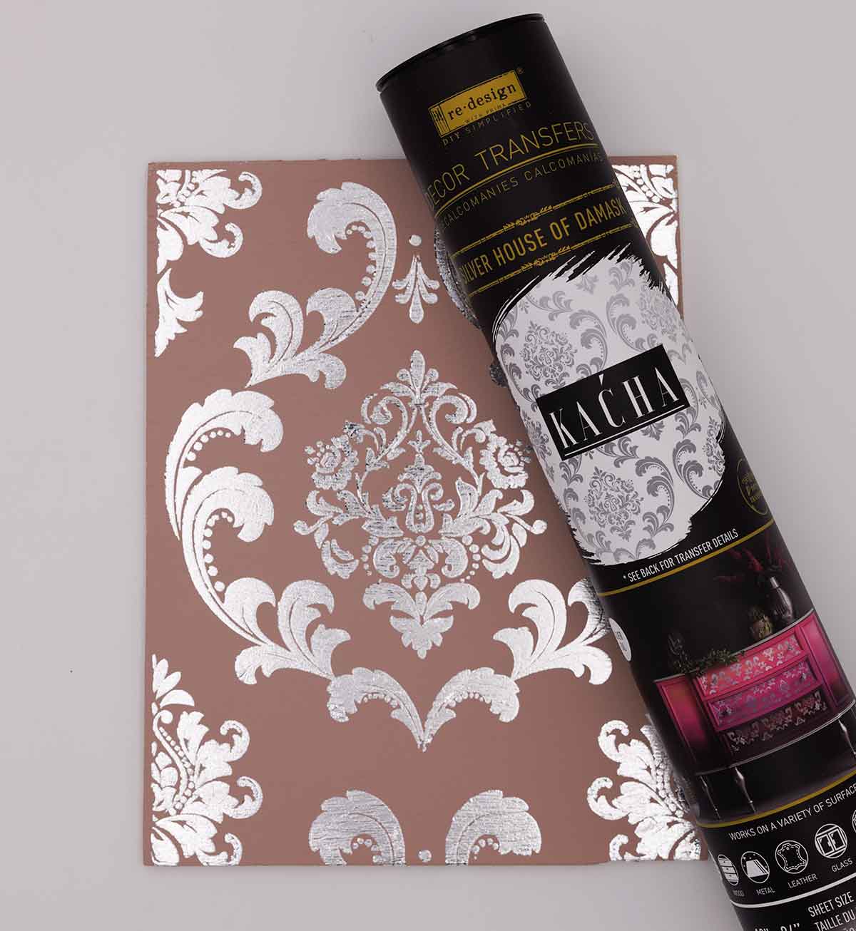 SILVER HOUSE OF DAMASK - REDESIGN DECOR FOIL TRANSFER KACHA - total sheet size 18″x24″, cut into 2 sheets