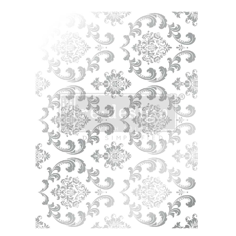 SILVER HOUSE OF DAMASK - REDESIGN DECOR FOIL TRANSFER KACHA - total sheet size 18″x24″, cut into 2 sheets