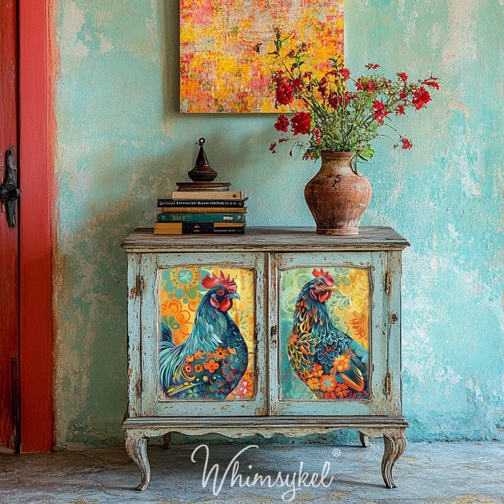 WHIMSICAL ROOSTER - WHIMSYKEL DESIGNS - 29" BY 21" - DECOUPAGE TISSUE