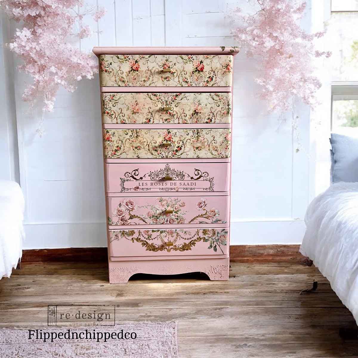 BLUSHING BLOOM - DOUBLE DELIGHT DECOUPAGE FIBER PAPER SET  - – Total 2 sheets – 1 sheet, 19.5″x30″ + 1 sheet, 11.7″x16.5″