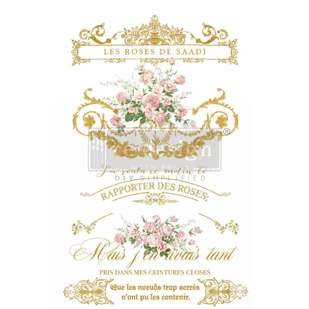 LES ROSES - REDESIGN DECOR TRANSFER - TOTAL SHEET SIZE 24" X 35", CUT INT 3 SHEETS