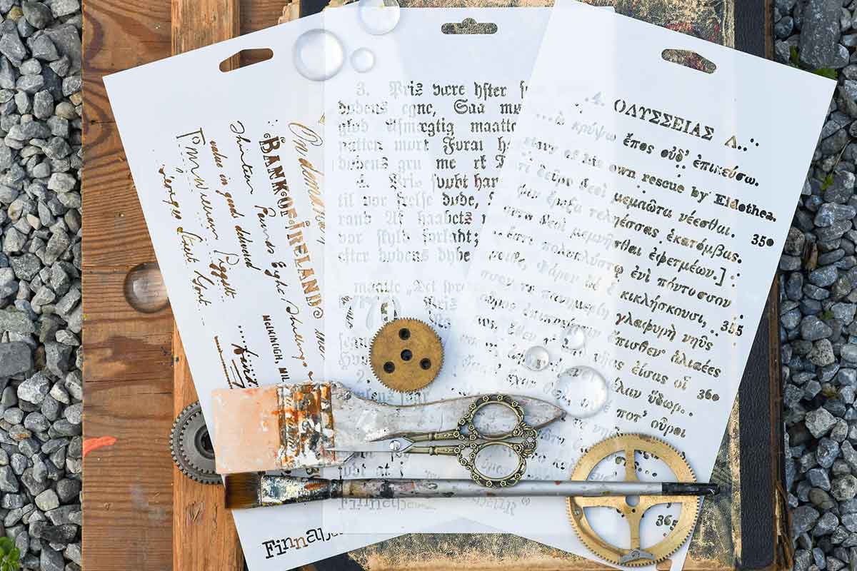 OLD PAGES - LIMITED EDITION FINNABAIR STENCIL SET - 3 STENCILS, 6" X 9" EACH