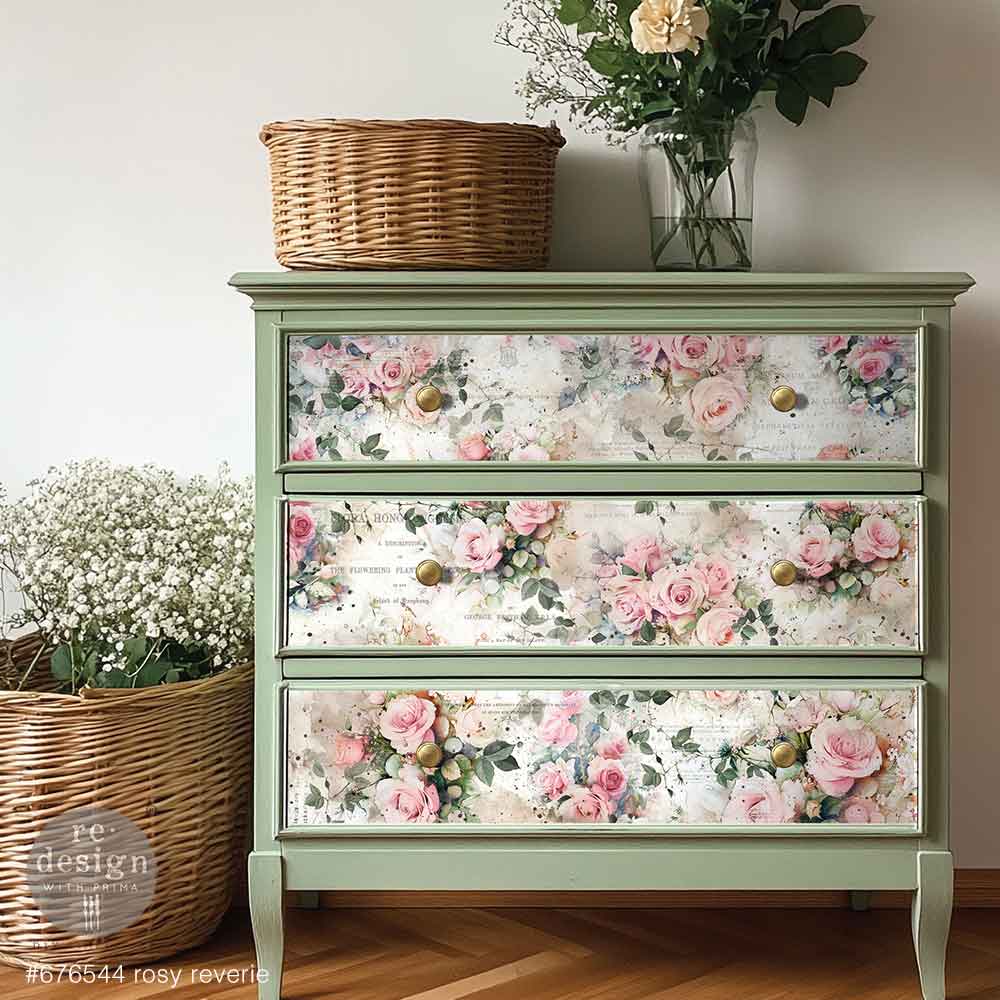 ROSY REVERIE - DOUBLE DELIGHT DECOUPAGE FIBER PAPER SET - Total 2 sheets – 1 sheet, 19.5″x30″ + 1 sheet, 11.7″x16.5″