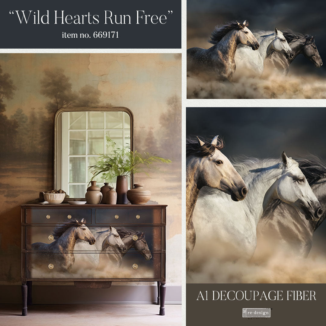 WILD HEARTS RUN FREE - A1 DECOUPAGE FIBER PAPER - REDESIGN DECOUPAGE IMAGE - A1 - 23.4" X 33.1"