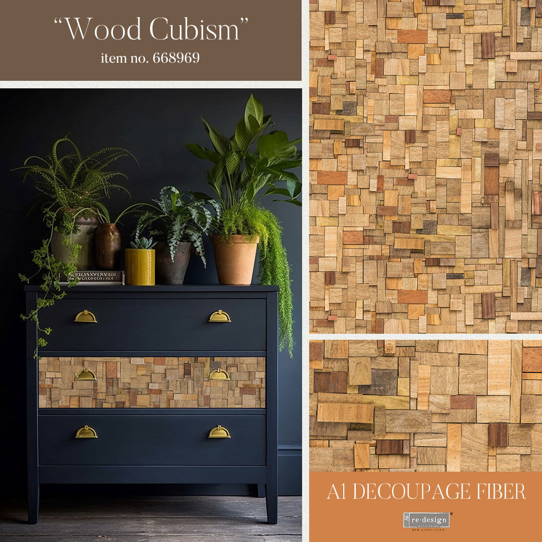 WOOD CUBISM - A1 DECOUPAGE FIBER PAPER - REDESIGN DECOUPAGE IMAGE - A1 - 23.4" X 33.1"