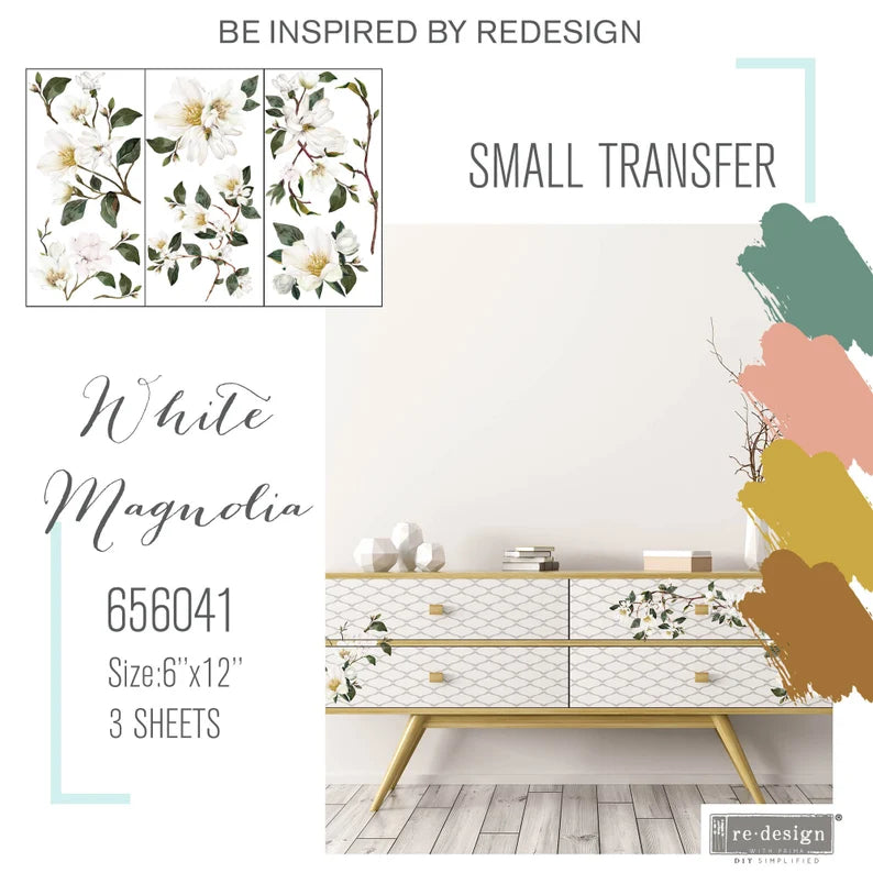 WHITE MAGNOLIA – SMALL TRANSFER -3 SHEETS, 6″X12″ - REDESIGN DECOR TRANSFERS