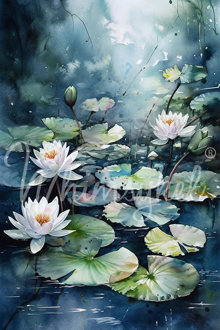 BLUE WATERLILIES - WHIMSYKEL DESIGNS - 21" BY 29" - DECOUPAGE PAPER