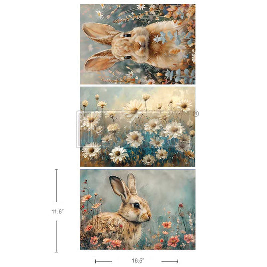 GARDEN BUNNY TAILS - A3 DECOUPAGE FIBRE PACK - – 3 SHEETS, 11.7″x16.5″ each