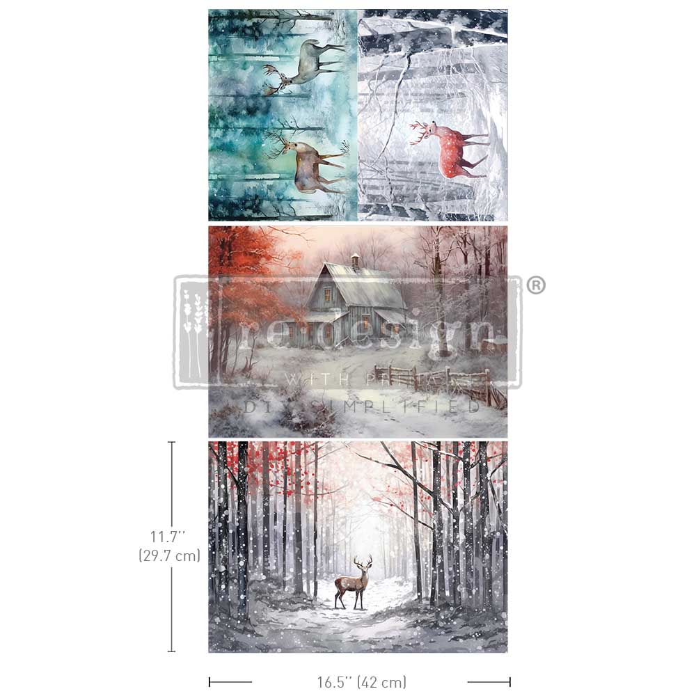 DASHING THROUGH THE PINES -  DECOUPAGE FIBRE PACK -   3 SHEETS  11.7″x16.5″ each