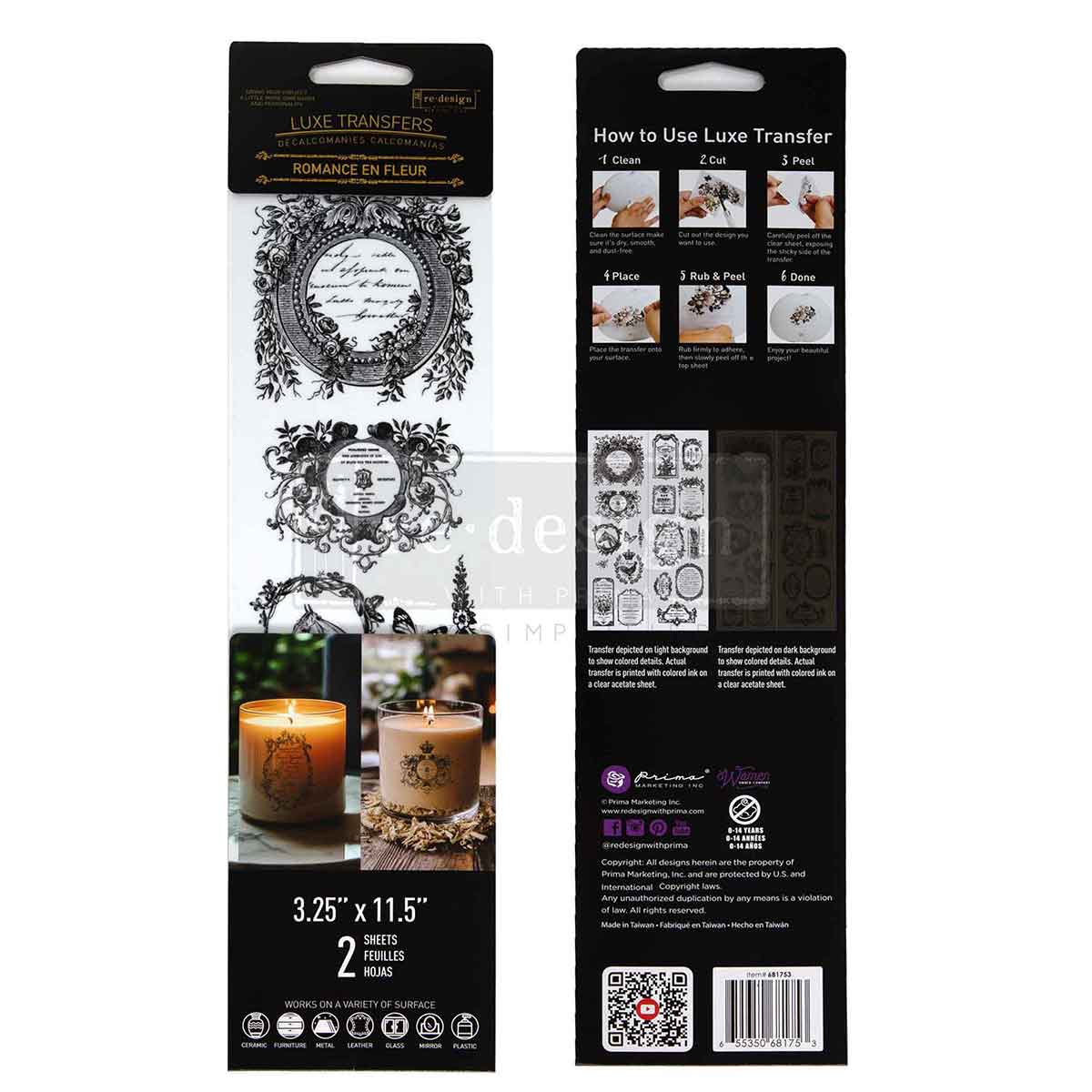 ROMANCE EN FLEUR -Luxe Transfers® – 2 sheets, 3.25″x11.5″
