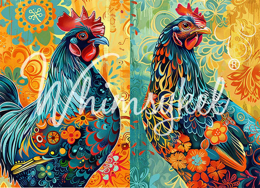 WHIMSICAL ROOSTER - WHIMSYKEL DESIGNS - 29" BY 21" - DECOUPAGE TISSUE