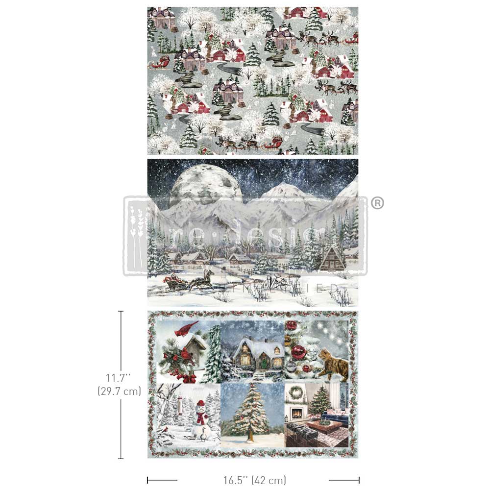 SNOWFALL SPLENDOR - A3 DECOUPAGE FIBRE PACK - 3 SHEETS, 11.7″x16.5″ each