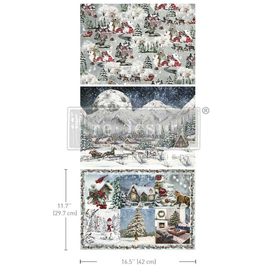 SNOWFALL SPLENDOR - A3 DECOUPAGE FIBRE PACK - 3 SHEETS, 11.7″x16.5″ each