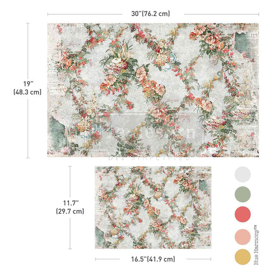 JARDIN FLEURI - DOUBLE DELIGHT DECOUPAGE FIBER PAPER SET - – Total 2 sheets – 1 sheet, 19.5″x30″ + 1 sheet, 11.7″x16.5″