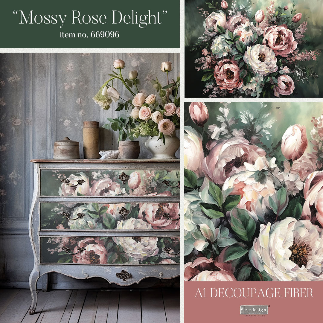MOSSY ROSE DELIGHT - A1 DECOUPAGE FIBER PAPER - REDESIGN DECOUPAGE IMAGE - A1 - 23.4" X 33.1"