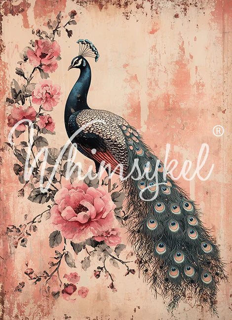 PEACOCK - WHIMSYKEL DESIGNS - 21" BY 29" - DECOUPAGE TISSUE PAPER