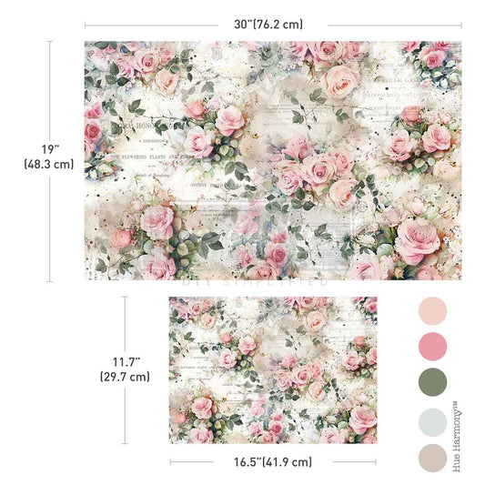 ROSY REVERIE - DOUBLE DELIGHT DECOUPAGE FIBER PAPER SET - Total 2 sheets – 1 sheet, 19.5″x30″ + 1 sheet, 11.7″x16.5″