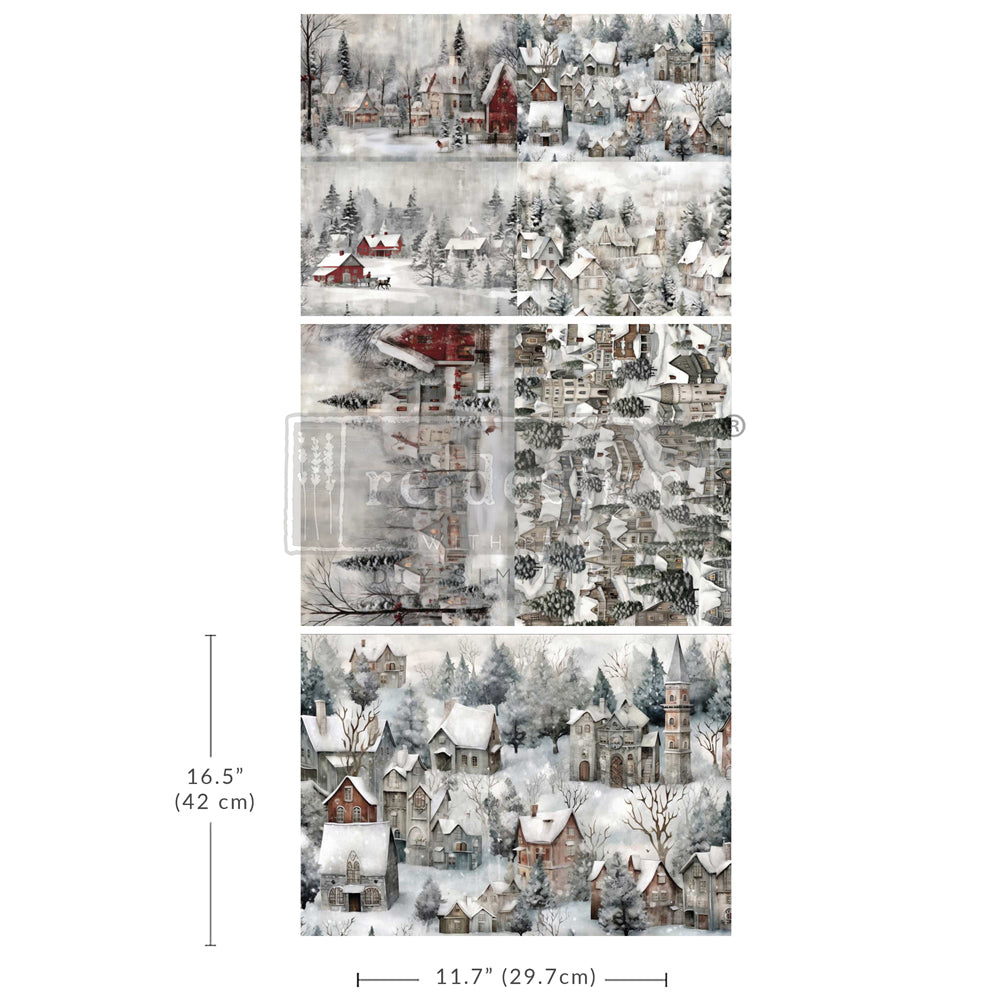 SILENT NIGHT SNOW VILLAGE  - A3 DECOUPAGE FIBER PACK – 3 SHEETS, 11.7″X16.5″ EACH